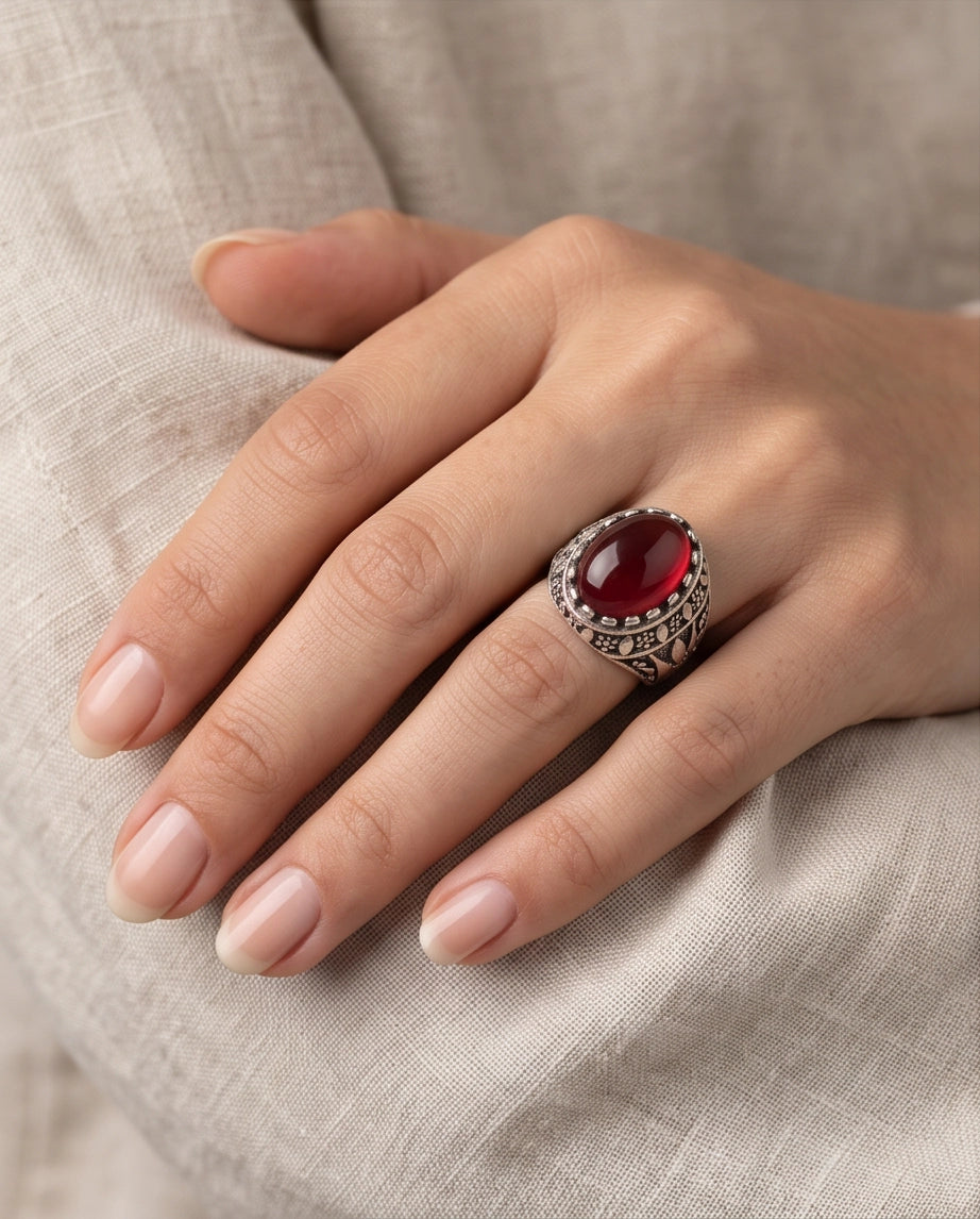 Crimson Red Oval Cabochon Ornate Leaf Scrollwork Silver Ring