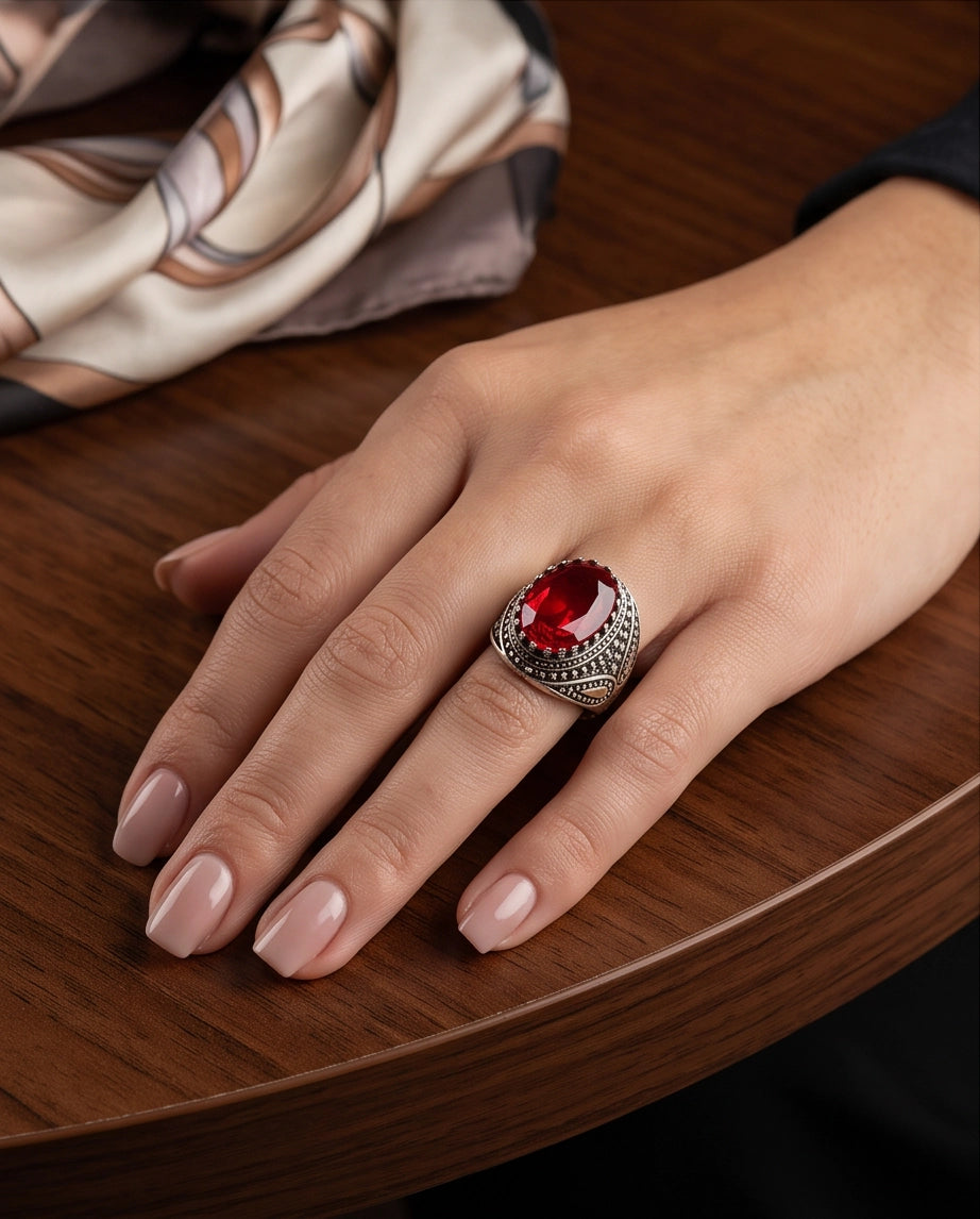 Ruby Gemstone Crown Prong Bezel Teardrop Filigree Silver Ring