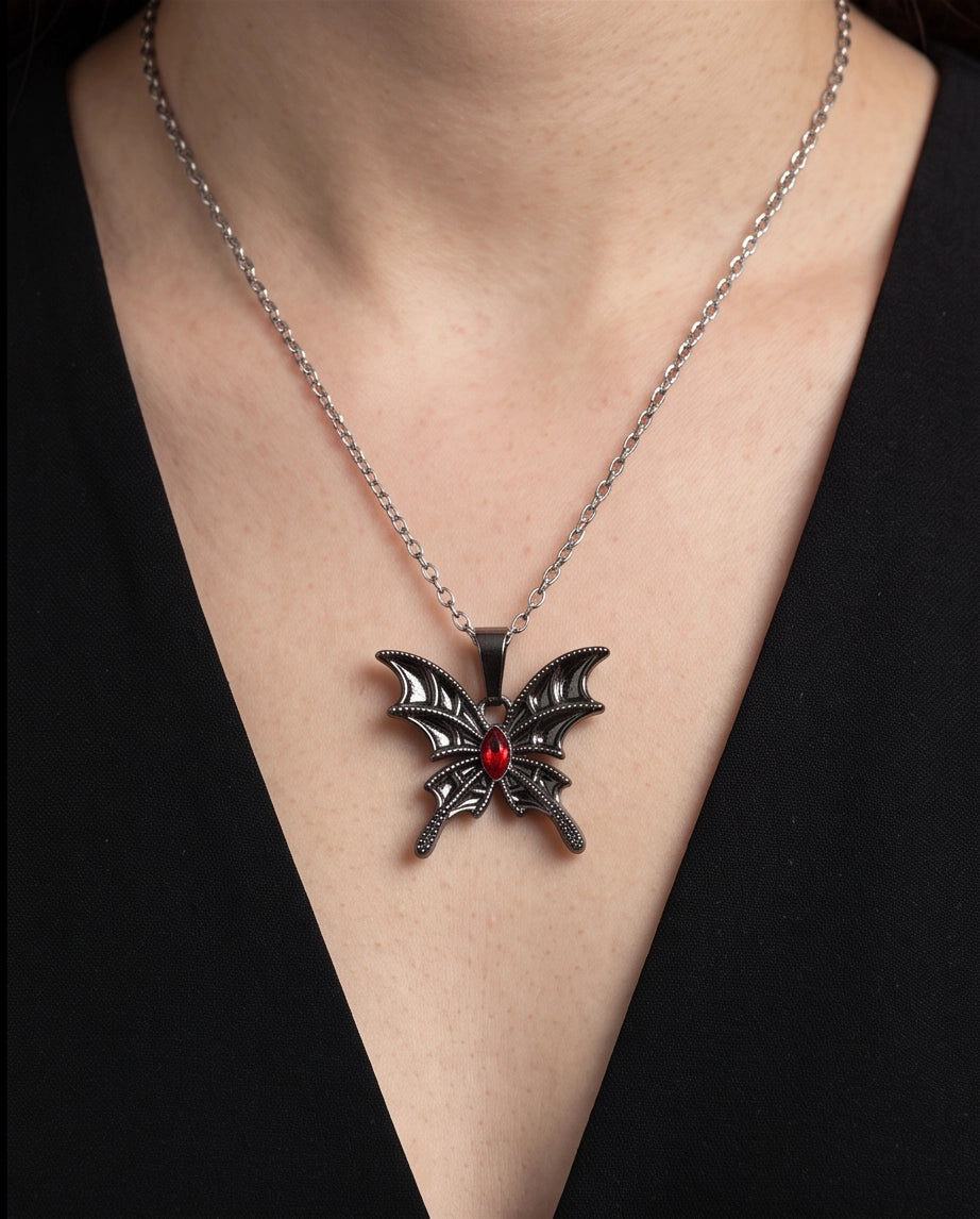 Black Bat-Wing Butterfly Red Gem Pendant Necklace