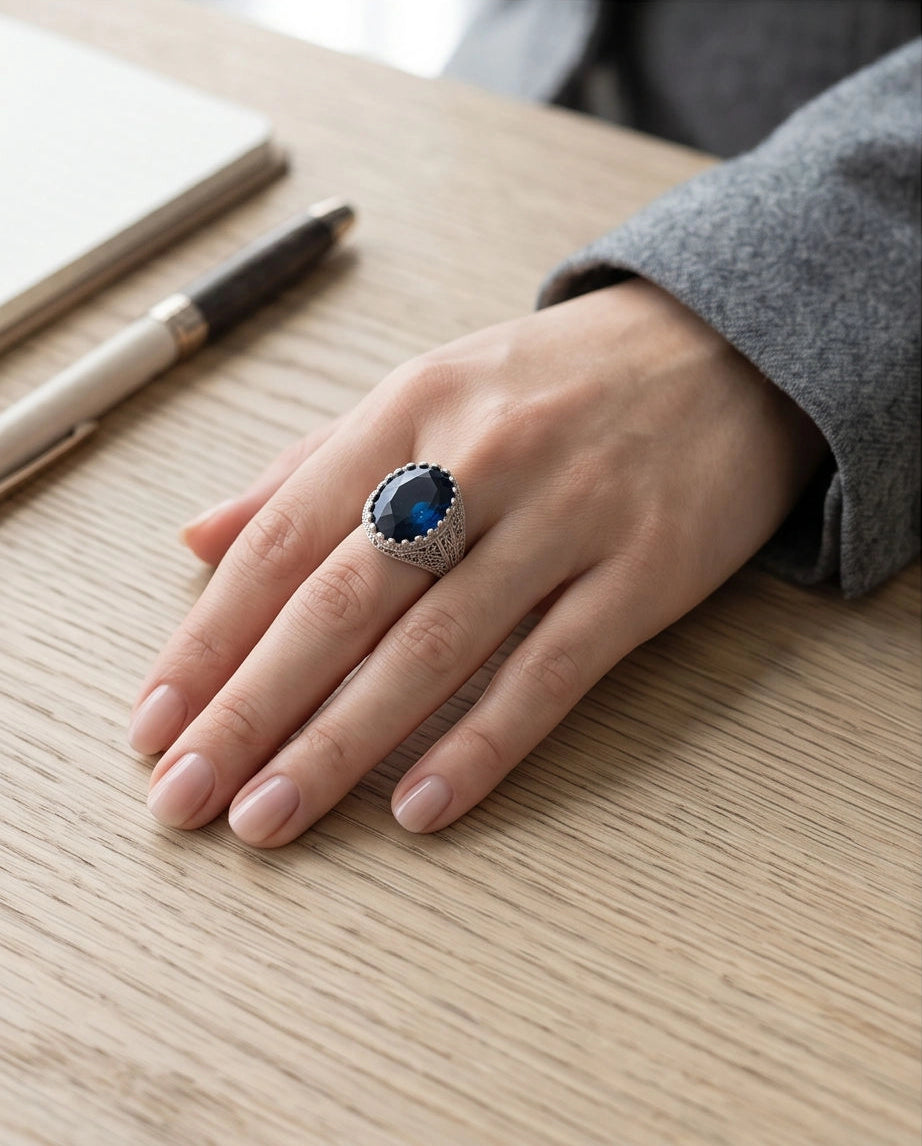 Oxidized Silver Large Oval Sapphire Filigree Signet Ring