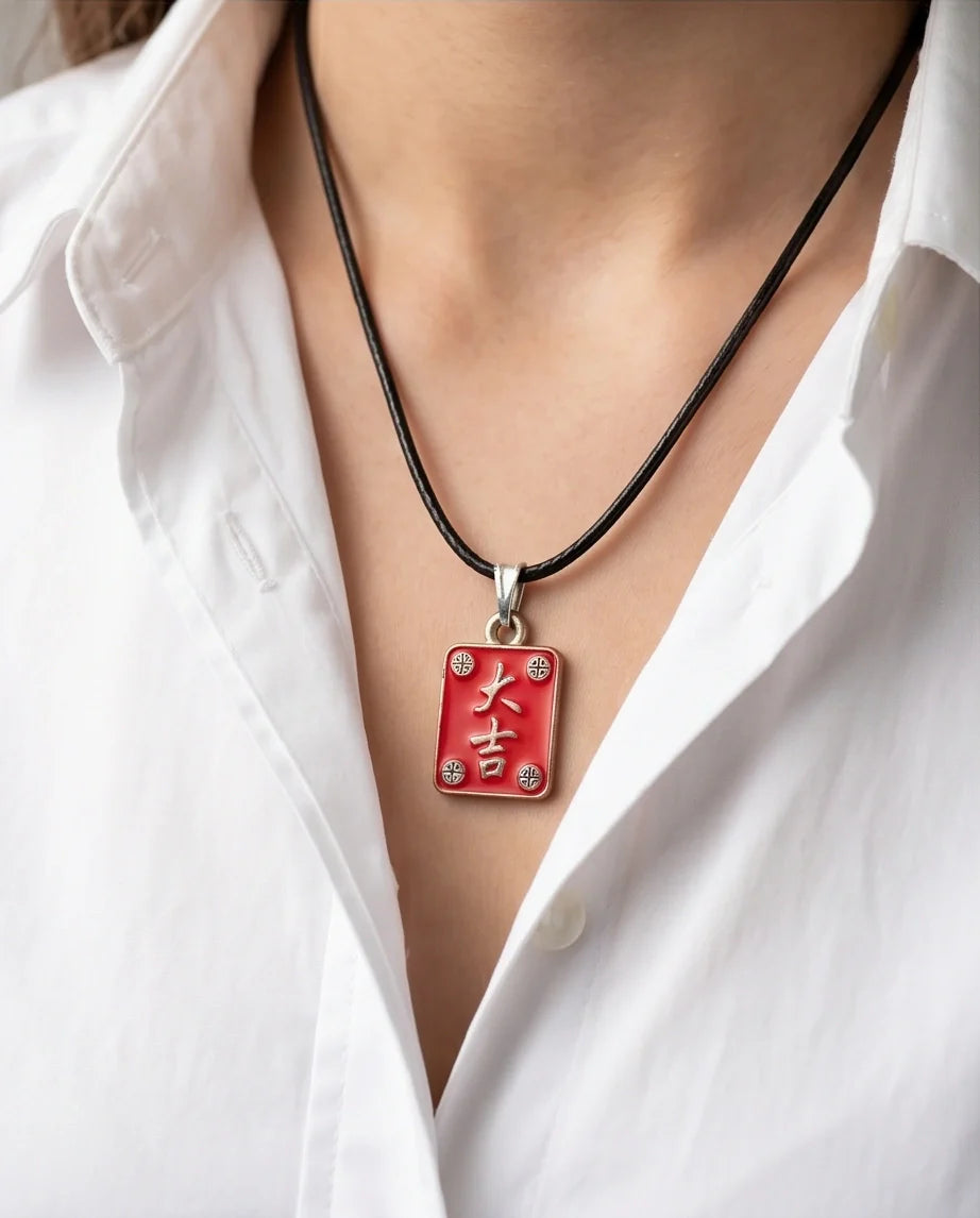 Traditional Red Chinese Character "Da Ji" Good Luck Pendant Necklace