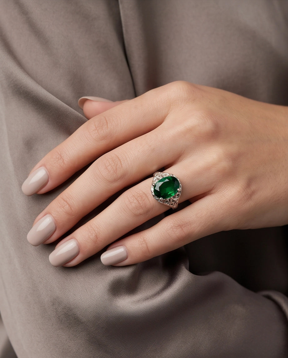 Silver Oval Emerald Gemstone Filigree Solitaire Ring