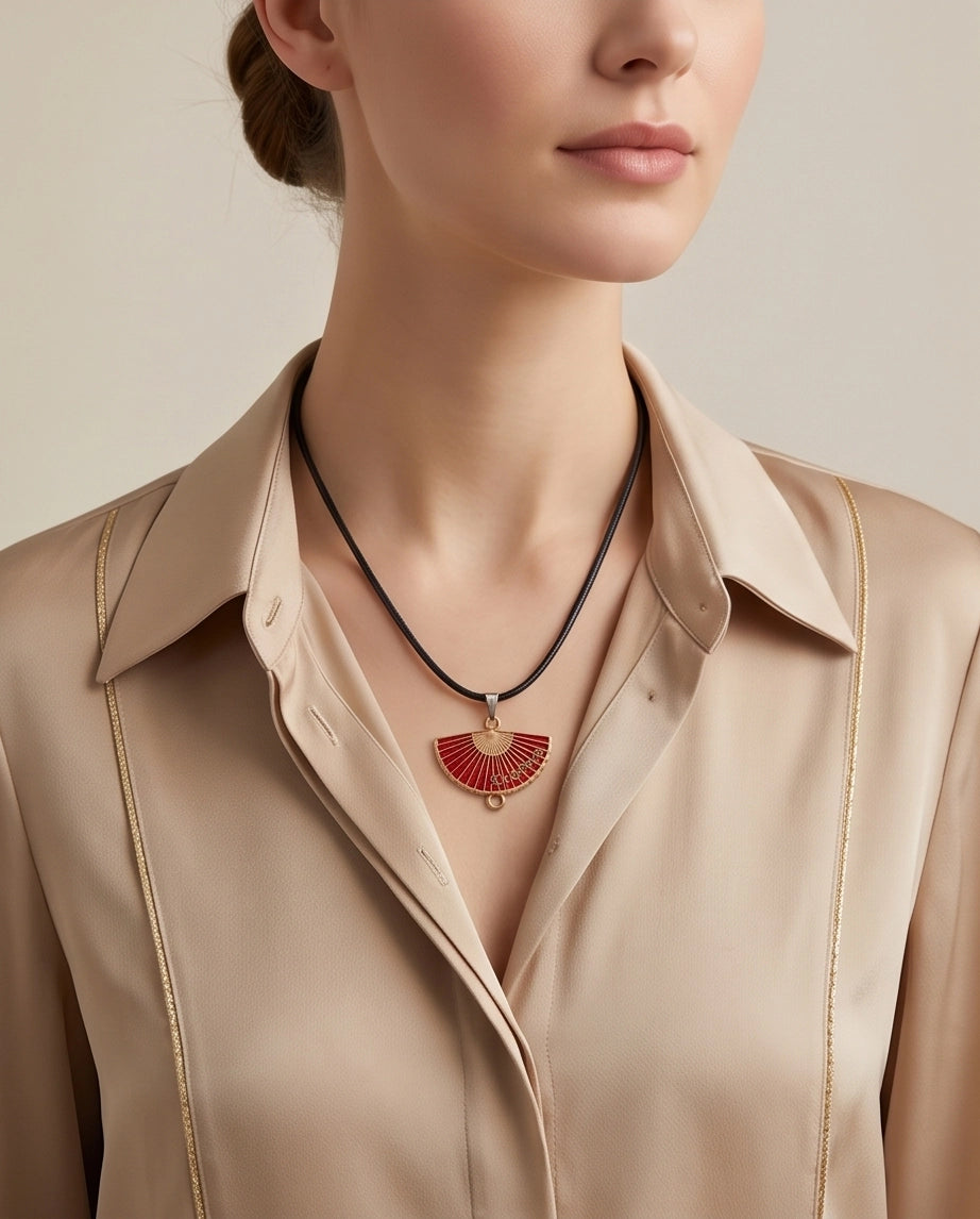 Crimson Sakura Fan Pendant Necklace
