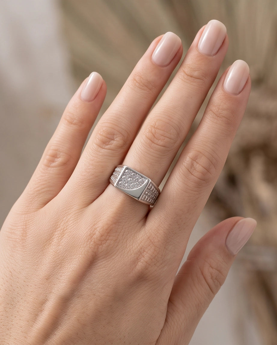 Pavé Crystal Cluster Inlay Brick-Link Band Silver Ring