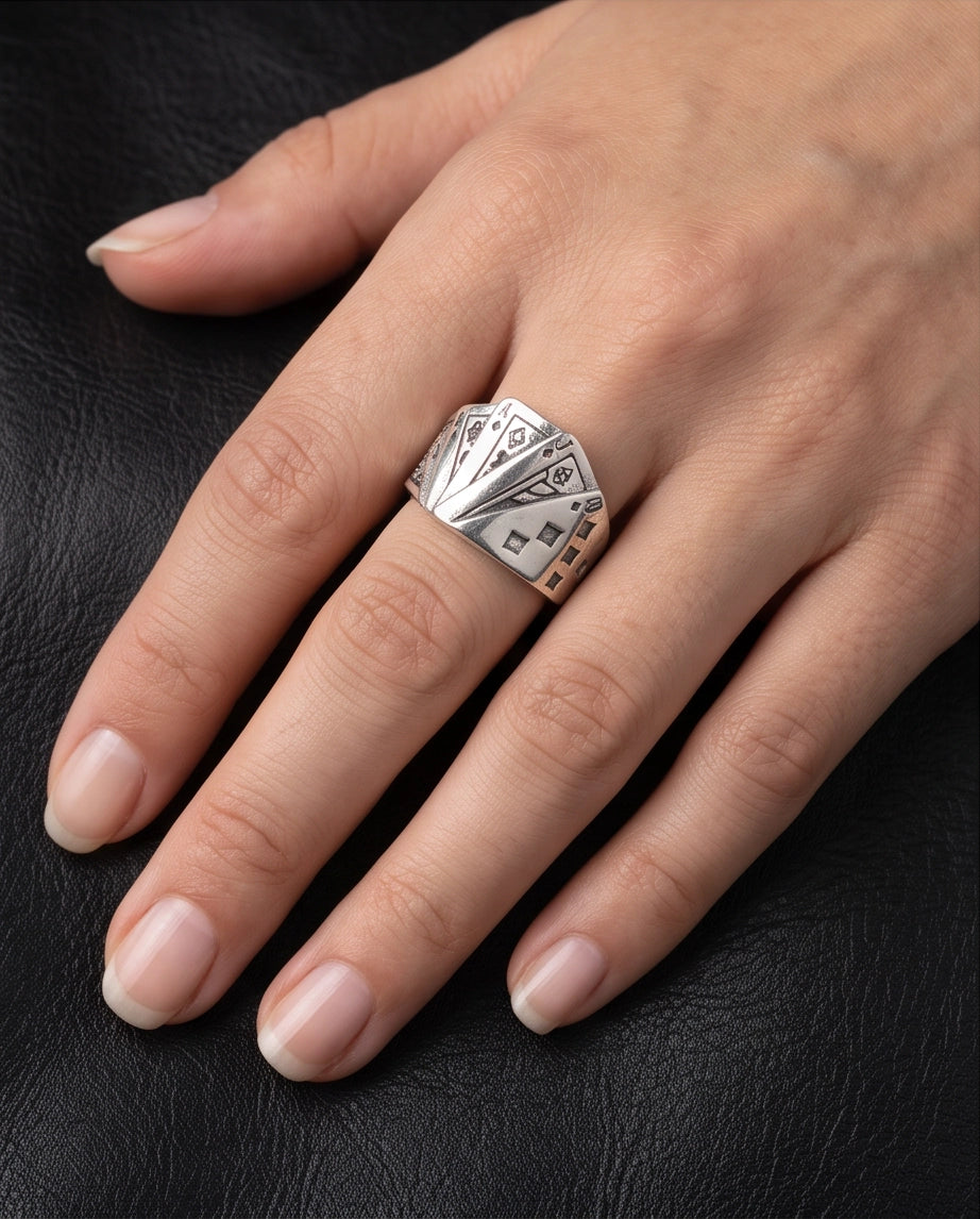 Royal Flush Playing Cards Band Silver Ring