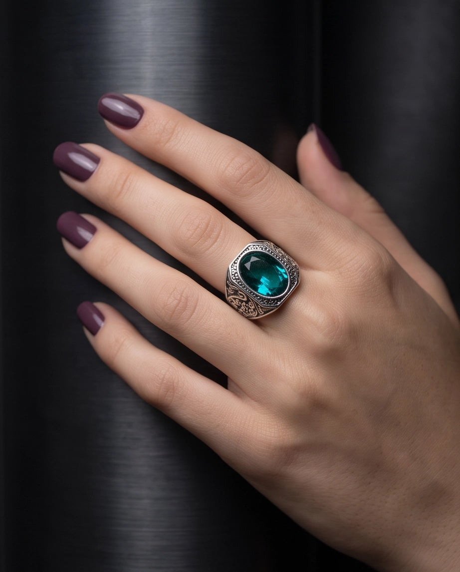 Teal Gemstone Octagonal Bezel Scrollwork Silver Ring