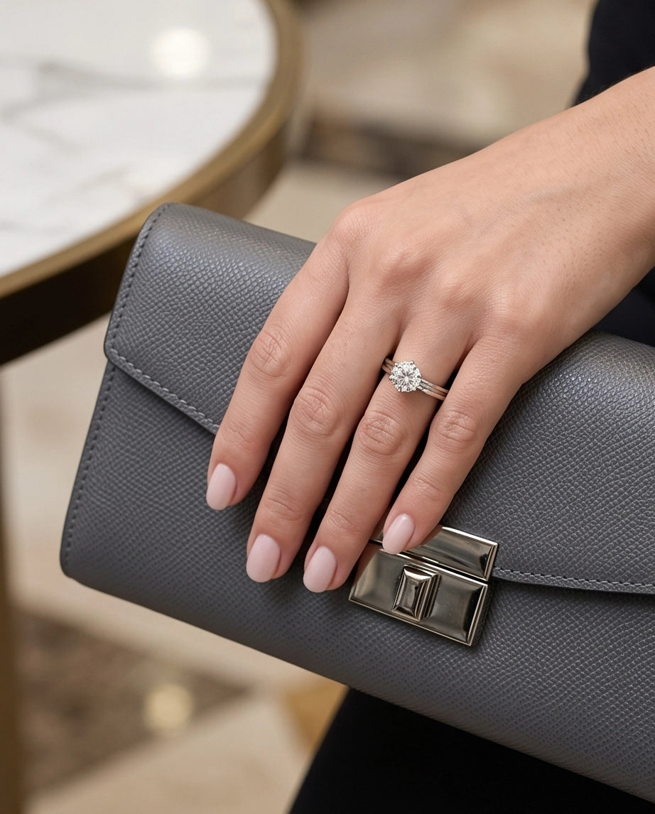 Silver Round Gemstone Grooved Solitaire Ring