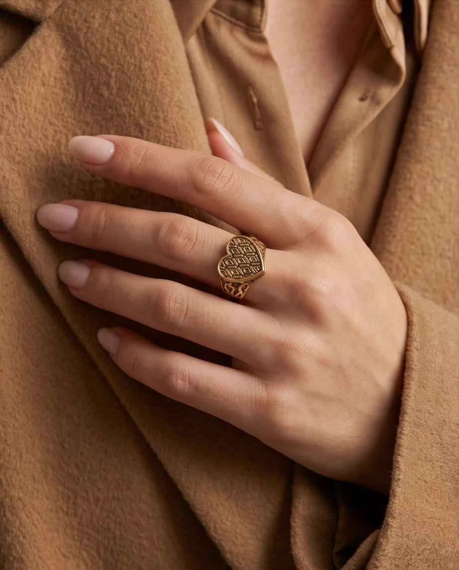 Lattice Heart Gold Signet Ring