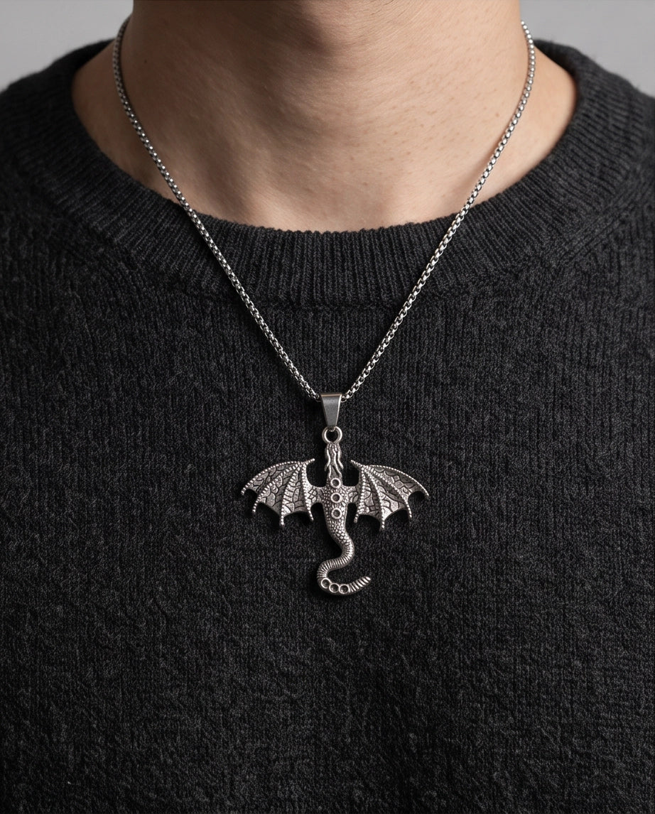 Silver Textured Dragon Wyvern Pendant Necklace