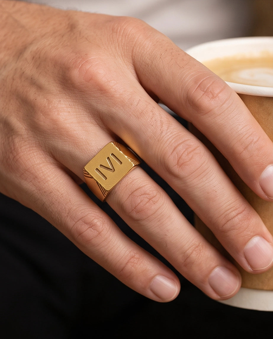 Roman Numeral Engraved Gold Signet Ring