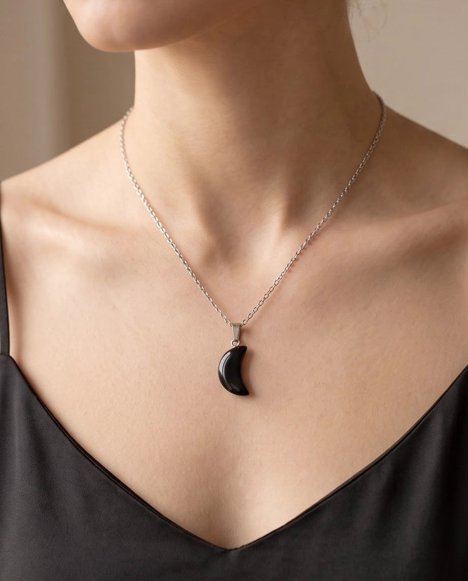 Silver Black Obsidian Crescent Moon Pendant Necklace