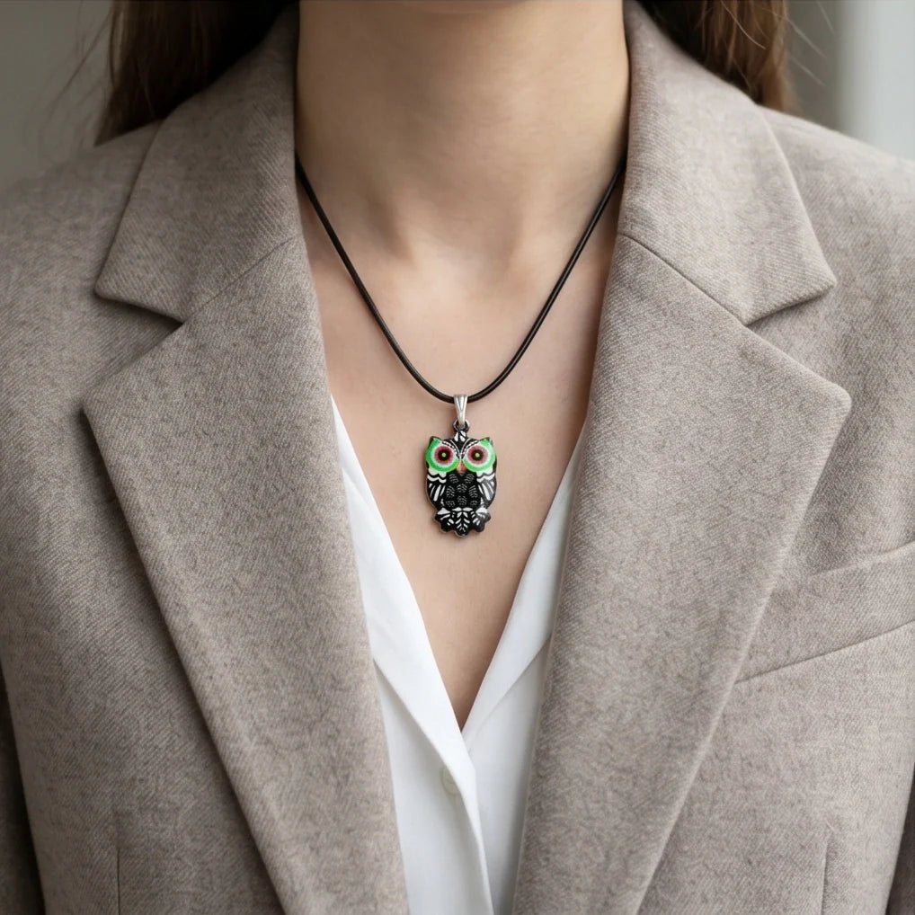 Mystic Green-Eyed Tribal Owl Pendant Necklace