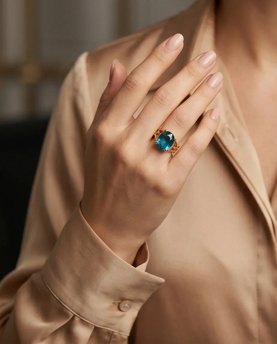 Gold Plated Aqua Blue Topaz Bamboo Leaf Ring