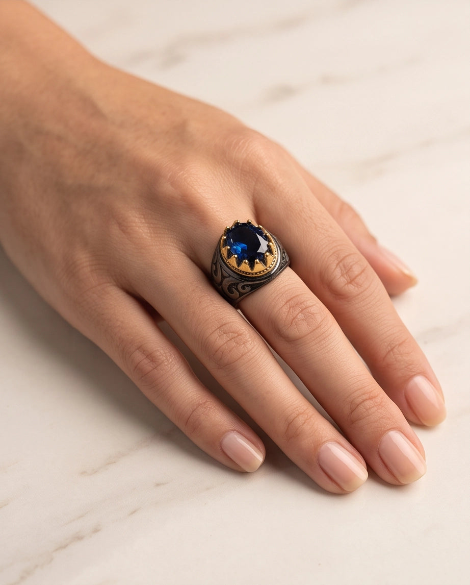 Royal Sapphire Crowned Filigree Signet Ring