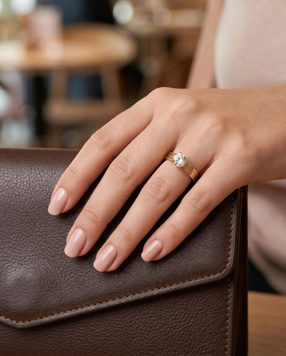 Gold Round Gemstone Grooved Solitaire Ring