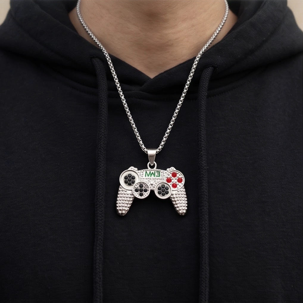Silver Rhinestone Gamepad Controller Pendant Necklace