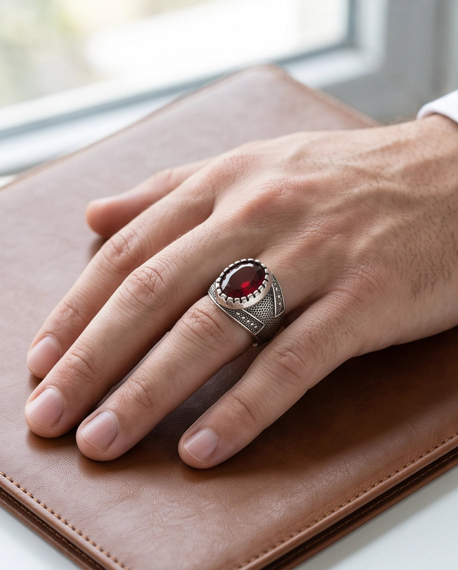 Ruby Gemstone Notched Bezel Stippled Silver Ring
