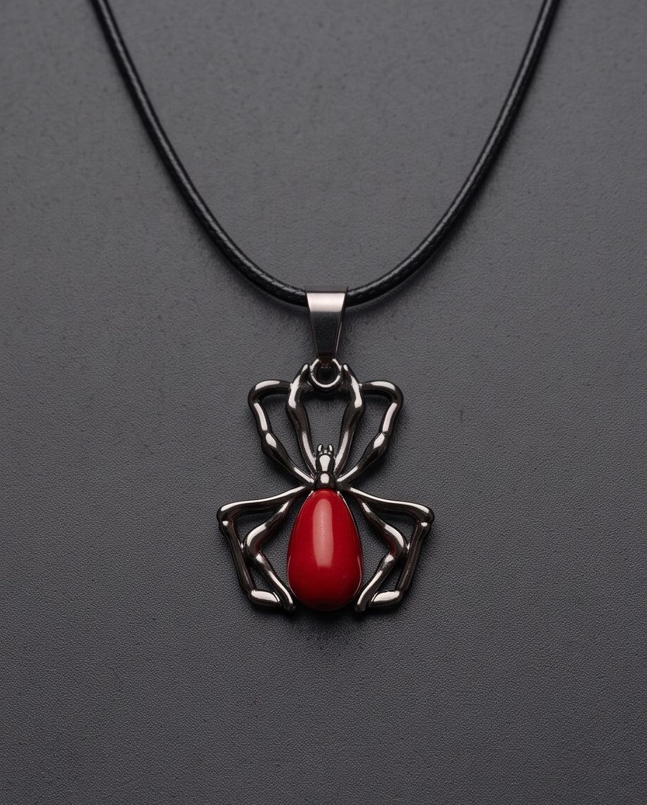 Silver Spider Red Gemstone Pendant Necklace