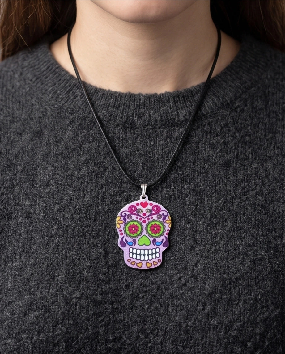 Vibrant Pastel Pink Sugar Skull Día de los Muertos Pendant Necklace