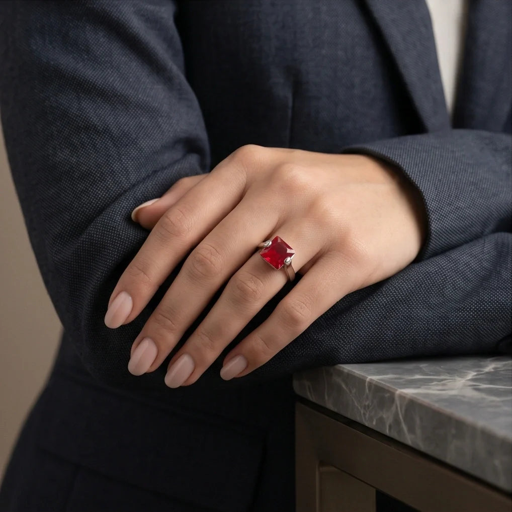 Sterling Silver Princess-Cut Red Ruby Solitaire Ring