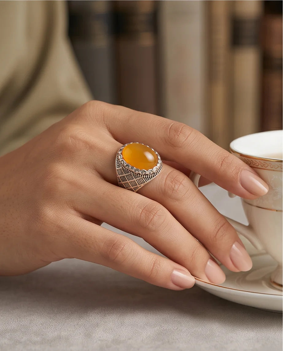 Amber Cabochon Crown Bezel Crosshatch Silver Ring