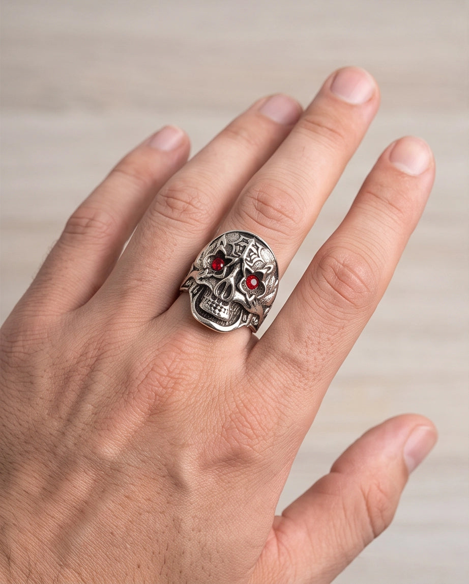 Ruby-Eyed Star-Eyed Gothic Cross Skull Silver Ring
