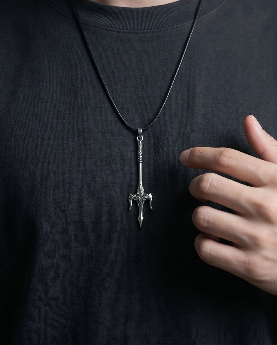 Silver Trident Spear Pendant Necklace