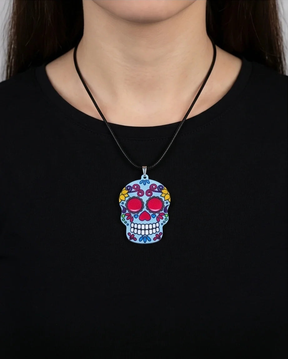 Vibrant Light Blue Sugar Skull Día de los Muertos Pendant Necklace