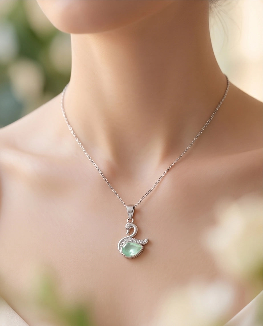 Silver Mint Green Swan Pendant Necklace