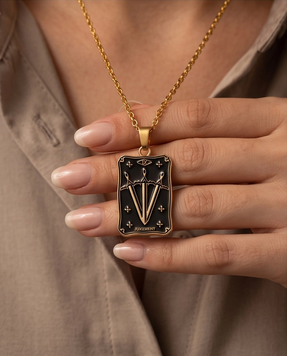 Gold "Judgement" Three Swords Tarot Card Pendant Necklace