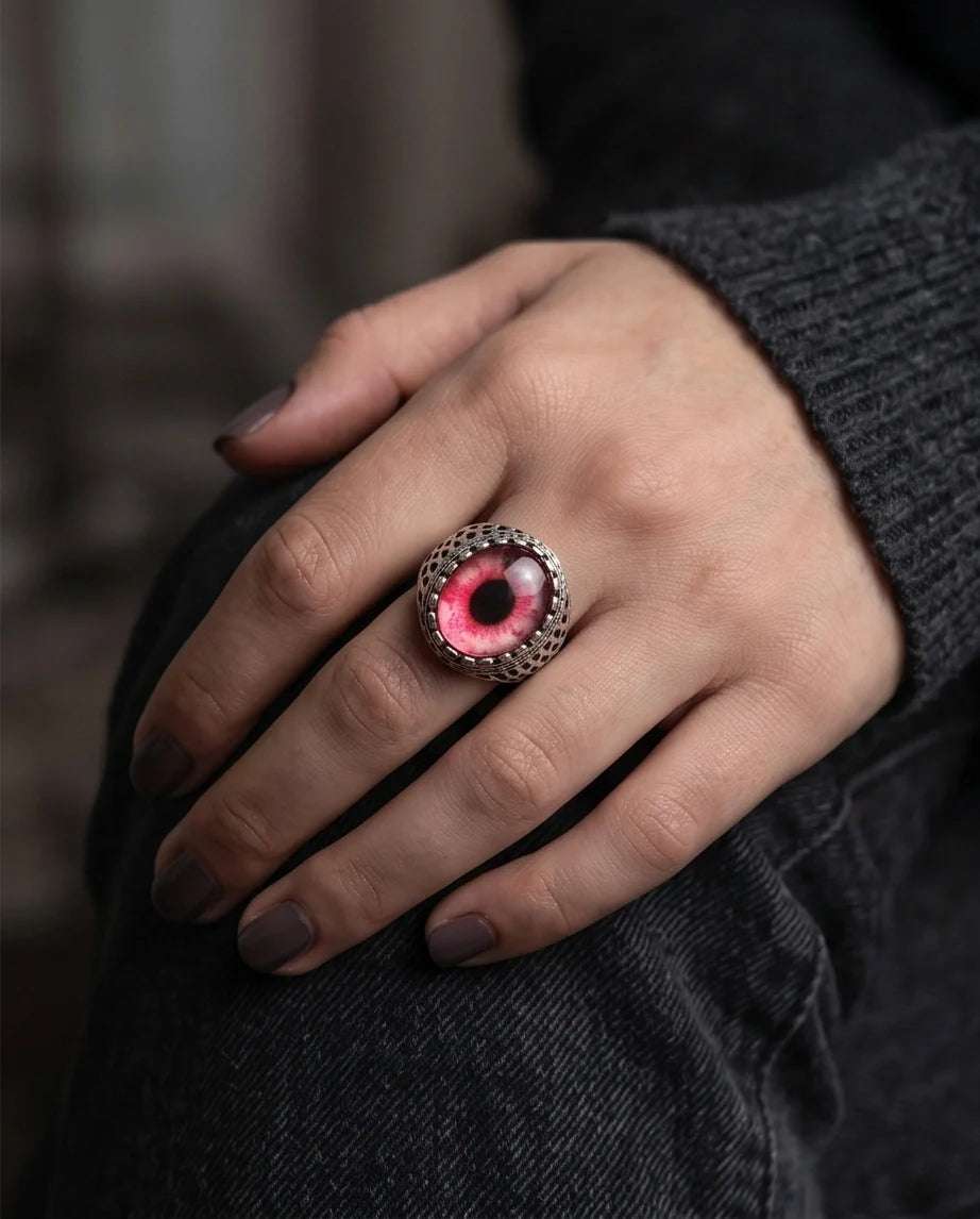 Vintage Sterling Silver Gothic Pink Eclipse Eye Ring