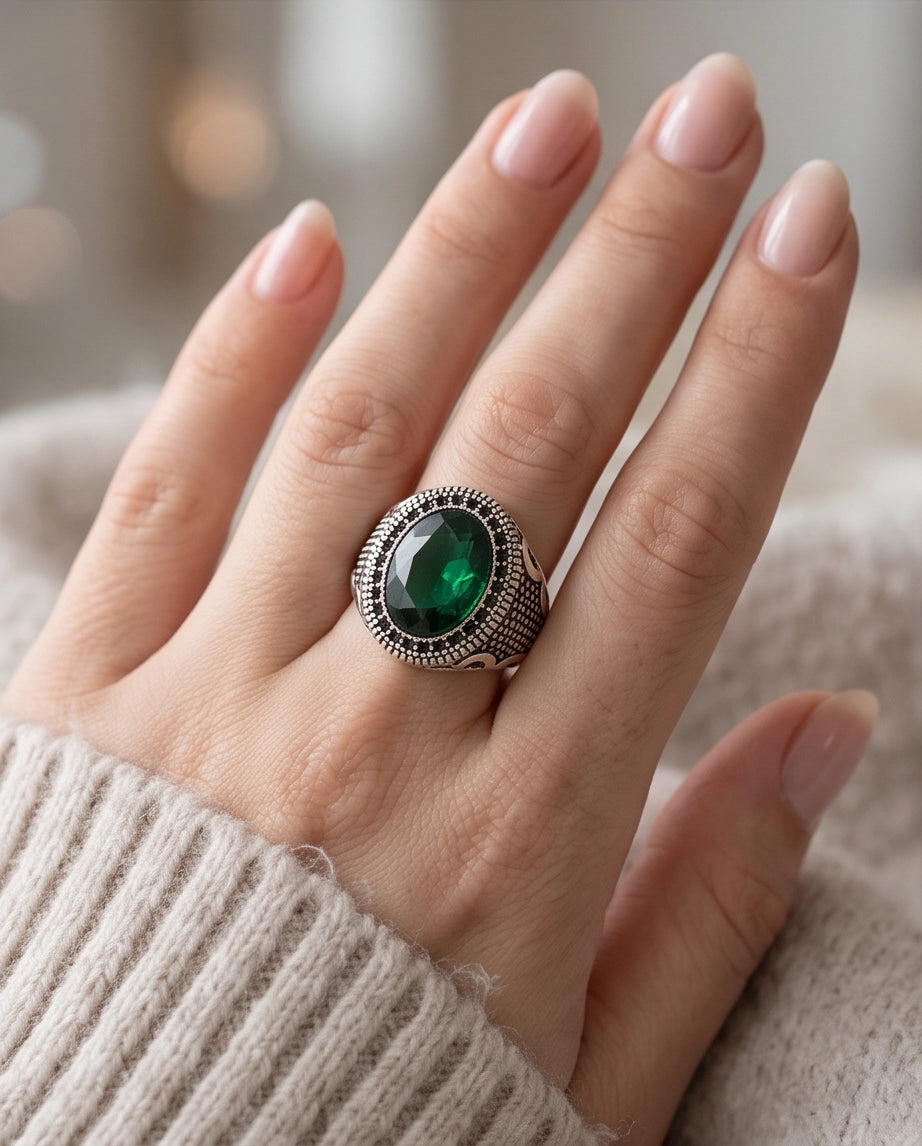 Emerald Gemstone Double Beaded Frame Scroll Silver Ring