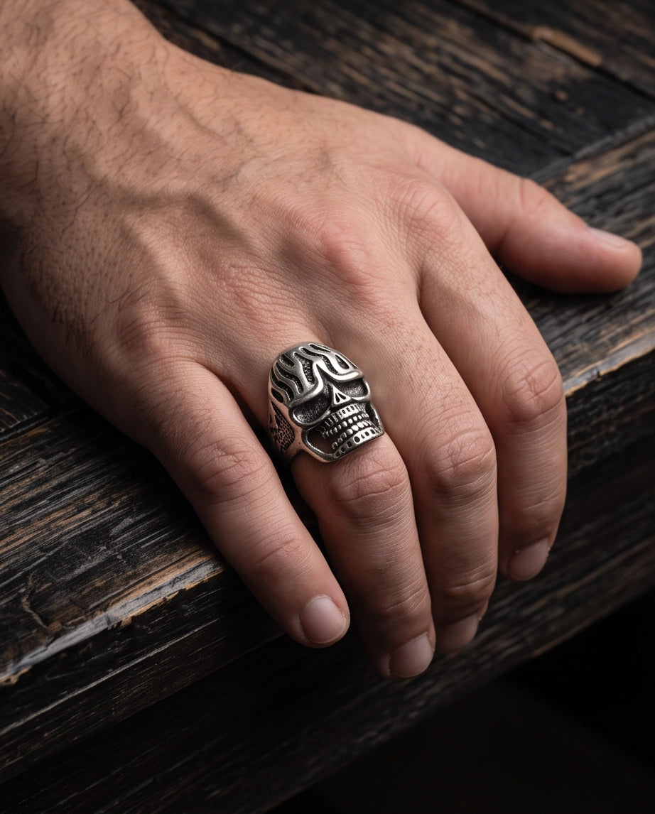 Fluted Flame-Crown Anatomical Skull Silver Ring