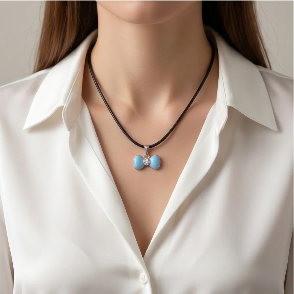 Gold and Pastel Blue Bow Ribbon Necklace