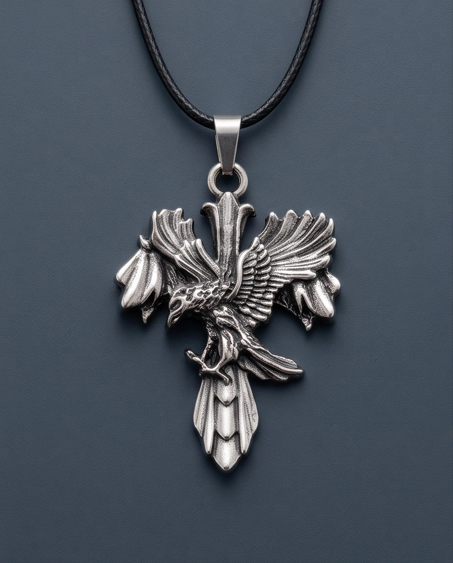 Silver Raven Gothic Cross Pendant Necklace