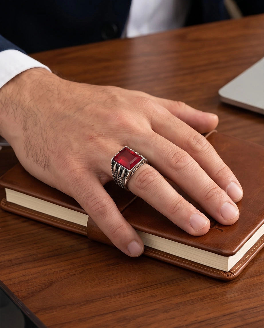 Oxidized Silver Emerald-Cut Garnet Textured Signet Ring