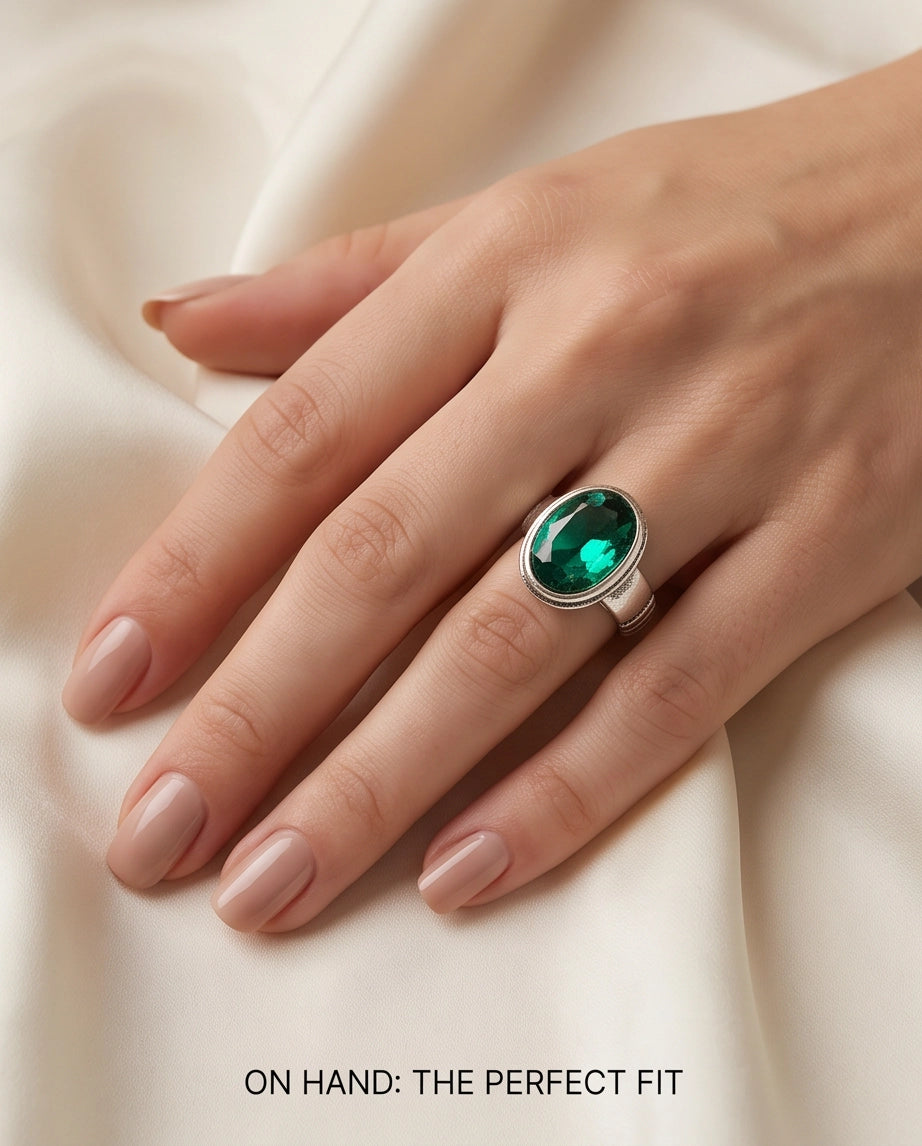 Emerald Gemstone Double Oval Bezel Minimalist Silver Ring
