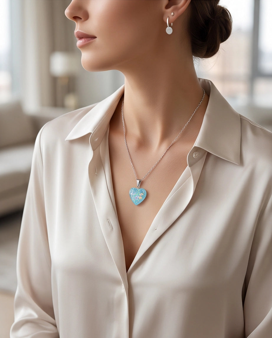 Silver Light Blue Glitter Heart Resin Pendant Necklace