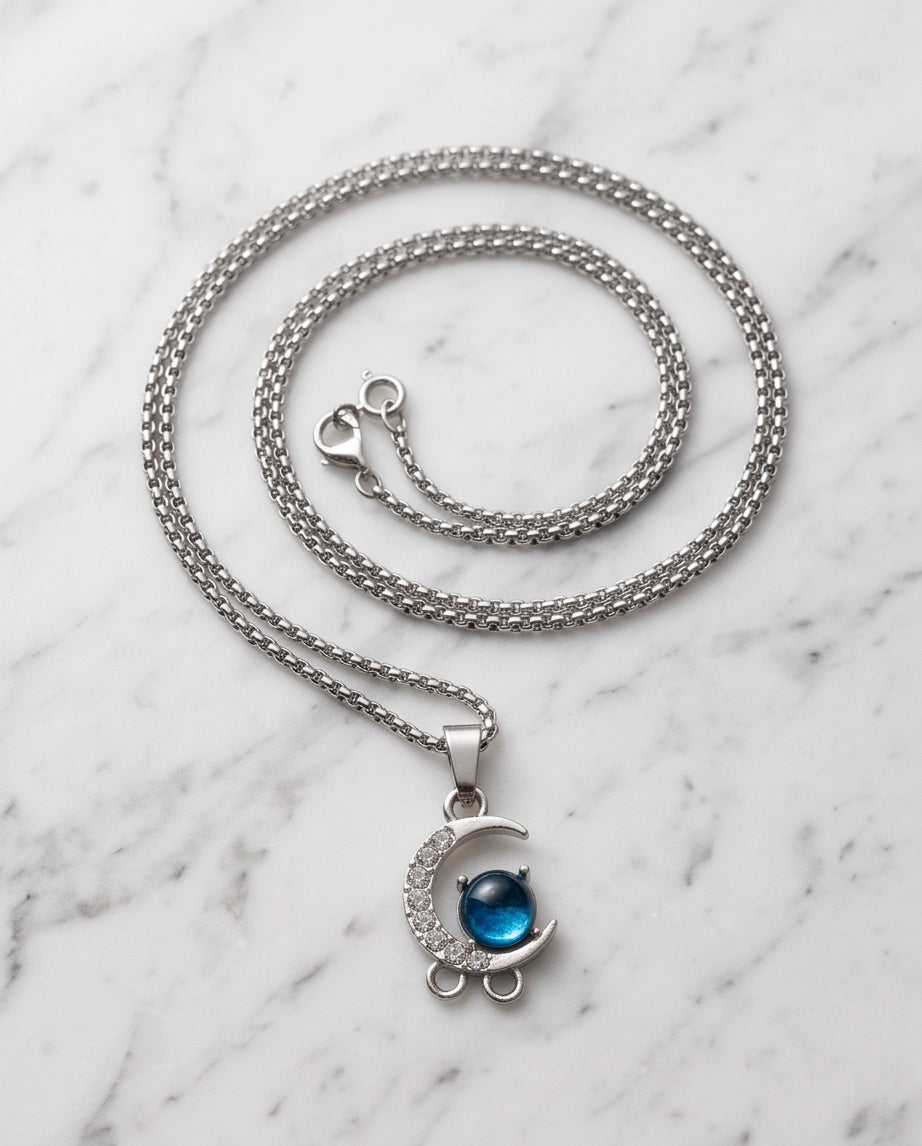 Silver Crystal Crescent Moon & Cosmic Blue Stone Pendant Necklace