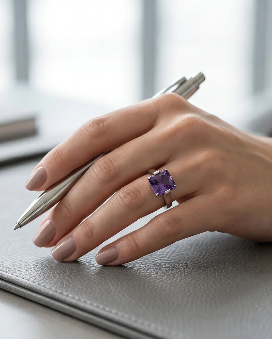 Sterling Silver Deep Amethyst Princess Cut Solitaire Ring