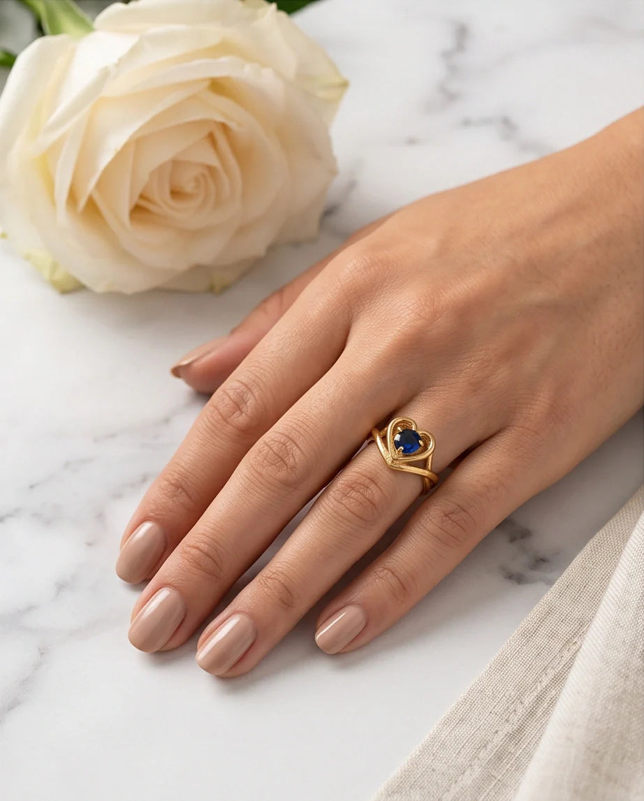 Gold Sapphire Heart-Shaped Openwork Ring