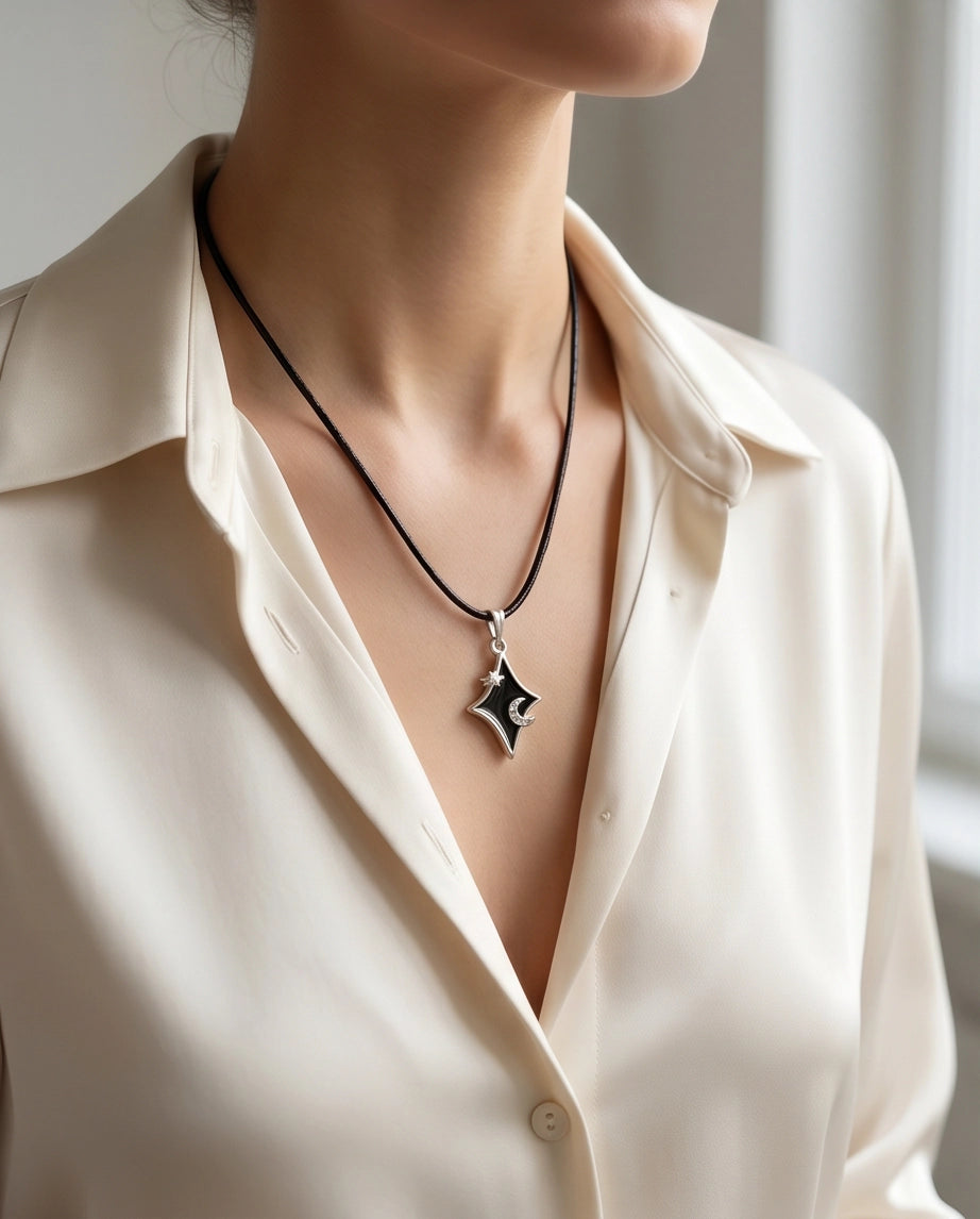 Celestial Black Starburst Moon Pendant Necklace