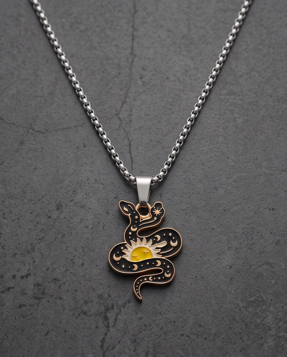 Gold Sunburst Serpent Enamel Pendant Necklace