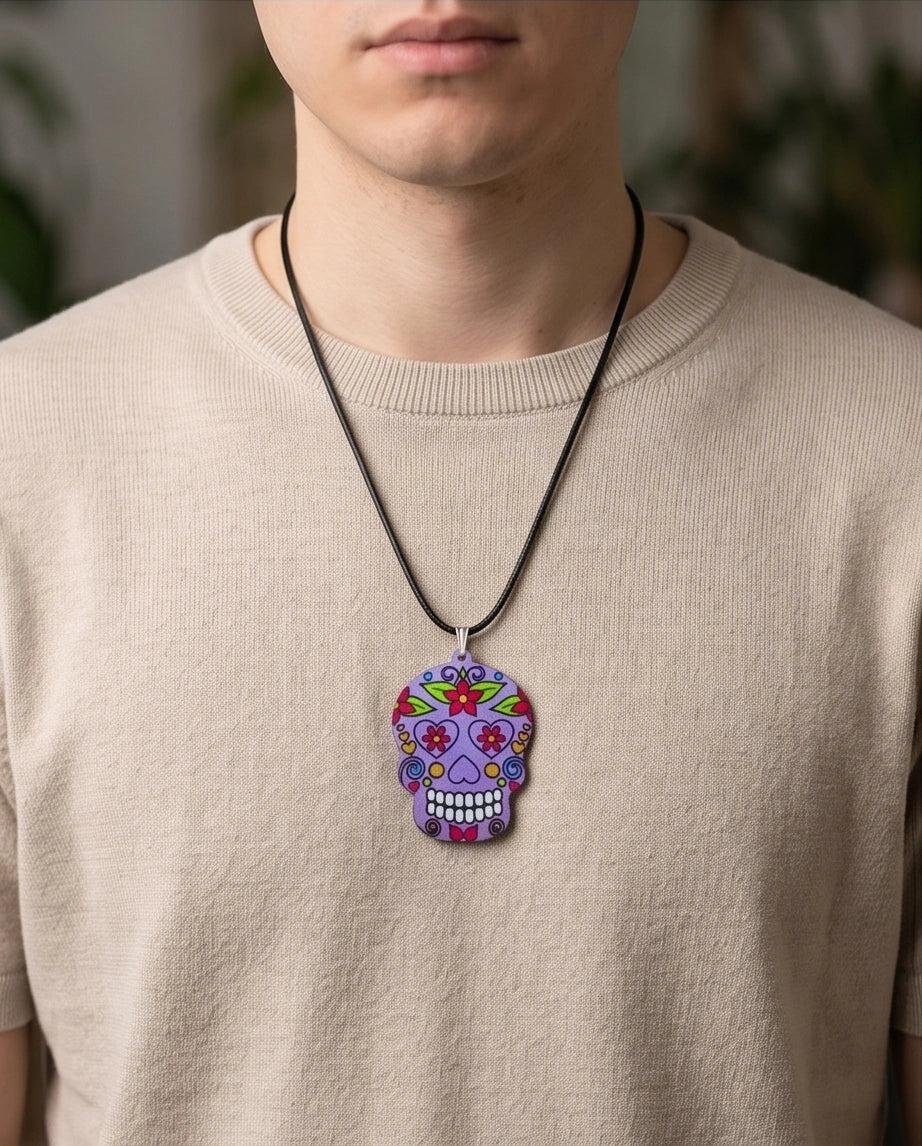Vibrant Purple Sugar Skull Día de los Muertos Pendant Necklace