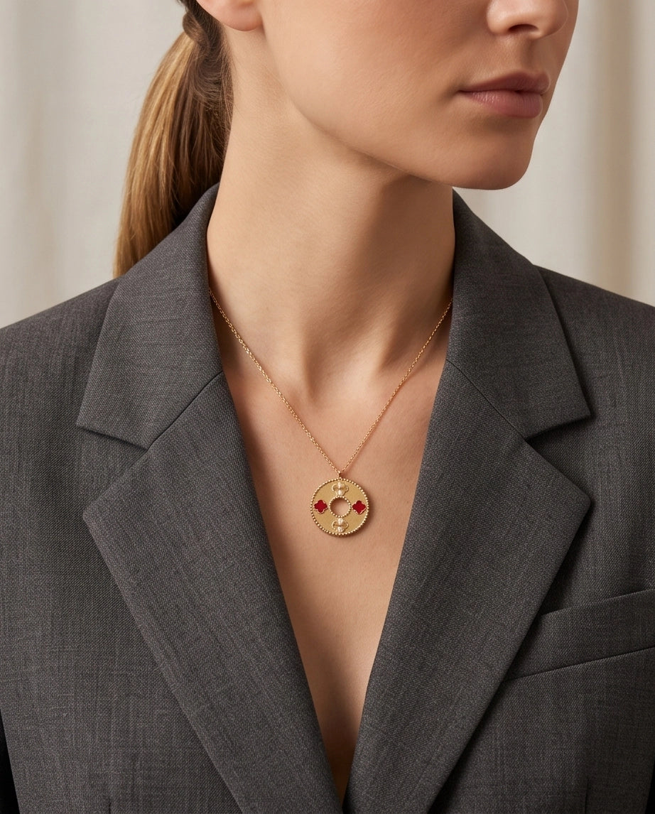 Gold Red Clover Medallion Necklace