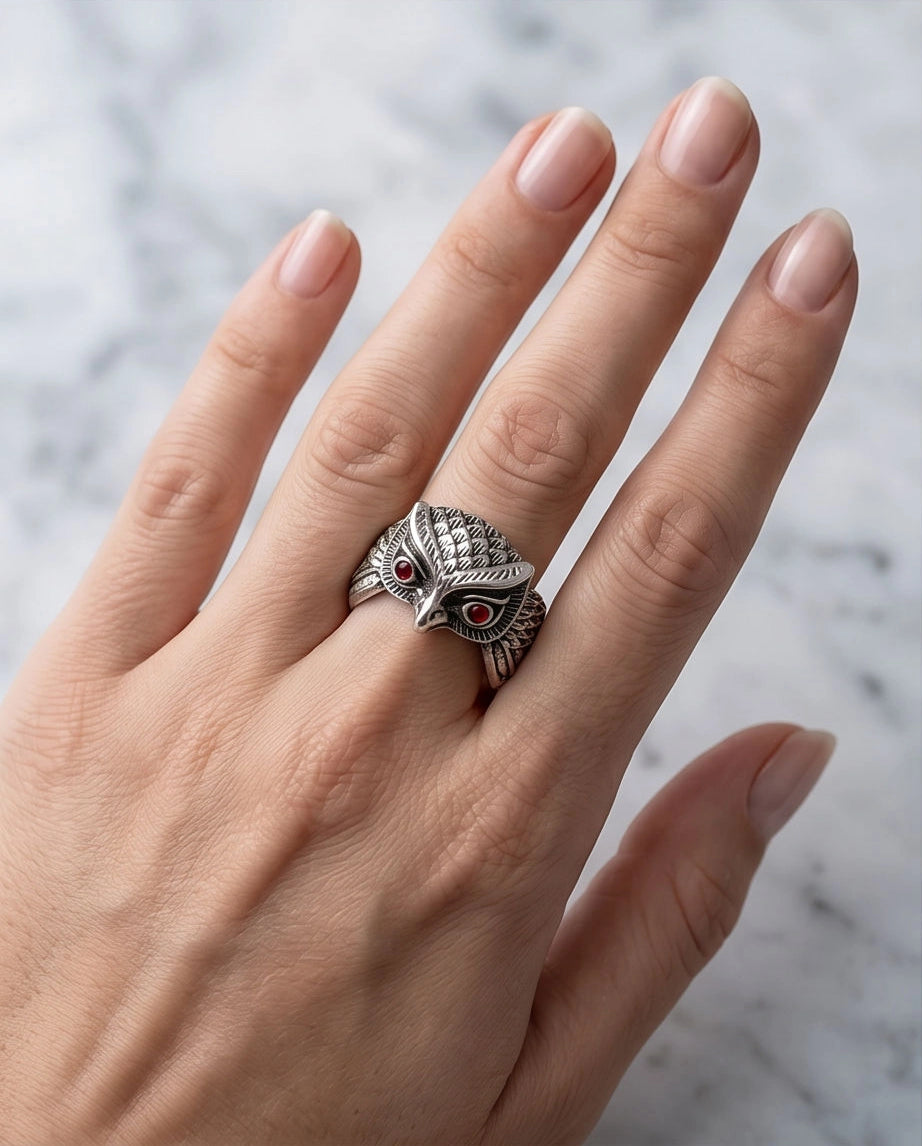 Ruby-Eyed Sculpted Owl Wing Ring