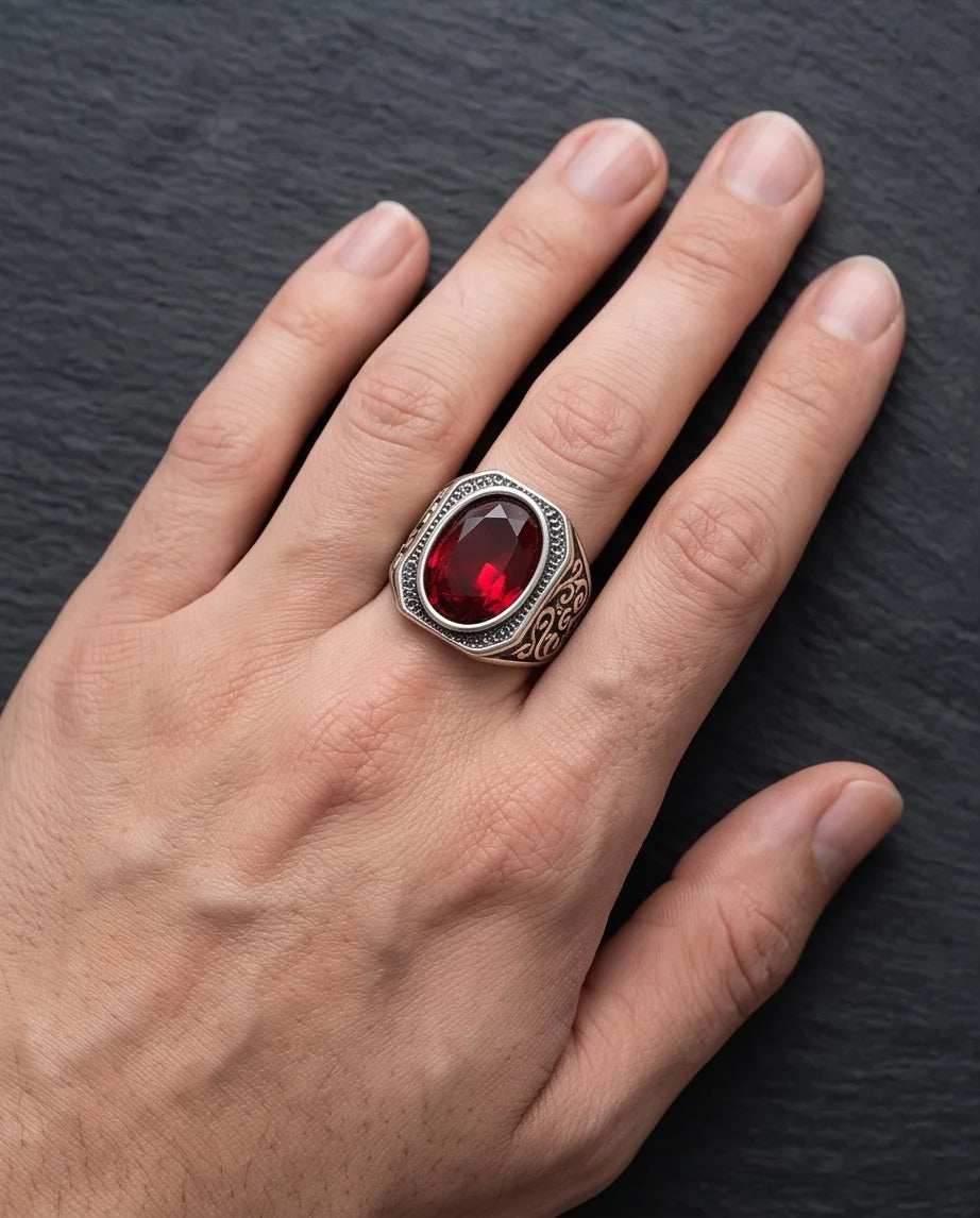 Crimson Gemstone Octagonal Bezel Scrollwork Silver Ring