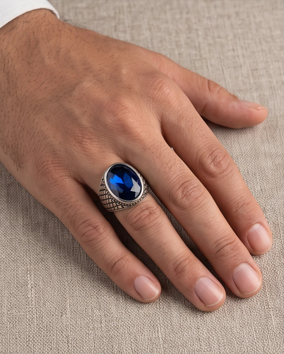 Sapphire Gemstone Beaded Frame Crosshatch Mesh Silver Ring