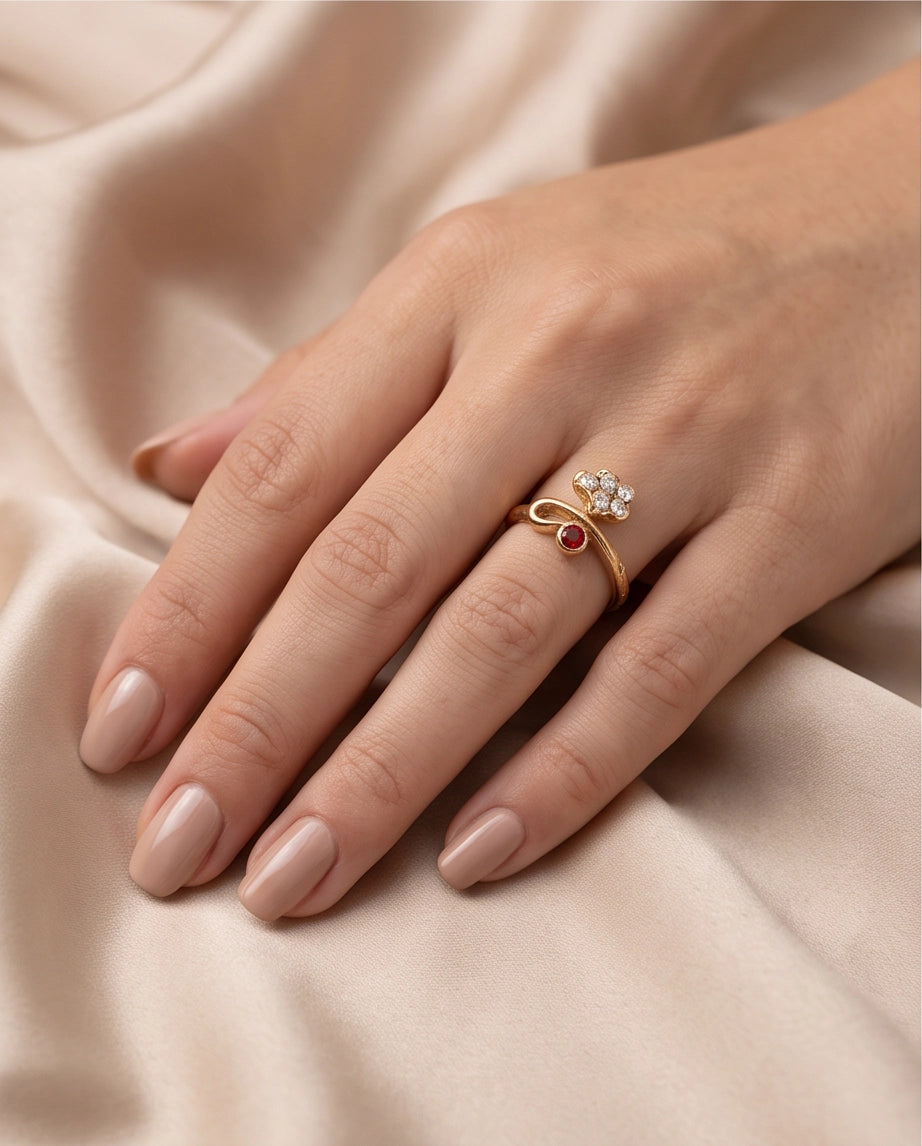Crystal Flower & Ruby Accent Bow Ring