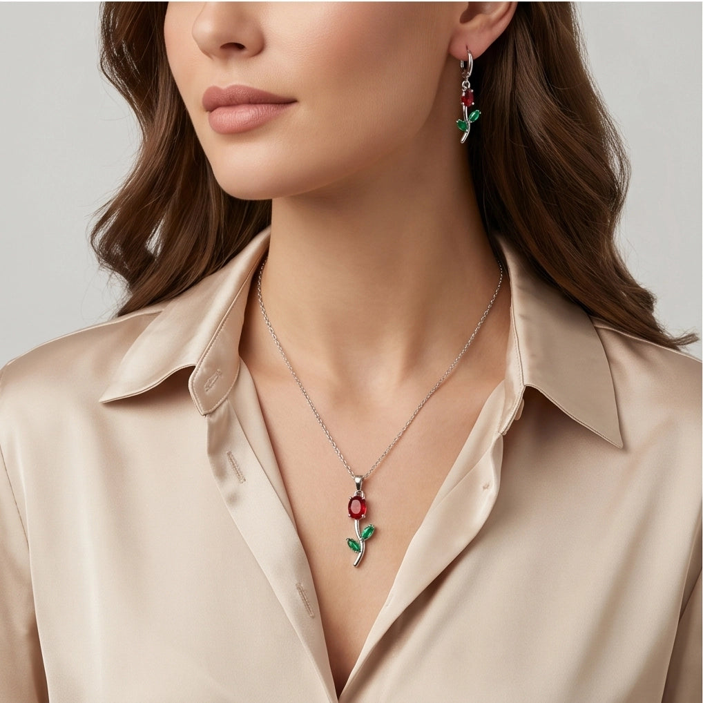Silver Crystal Rose Necklace Set